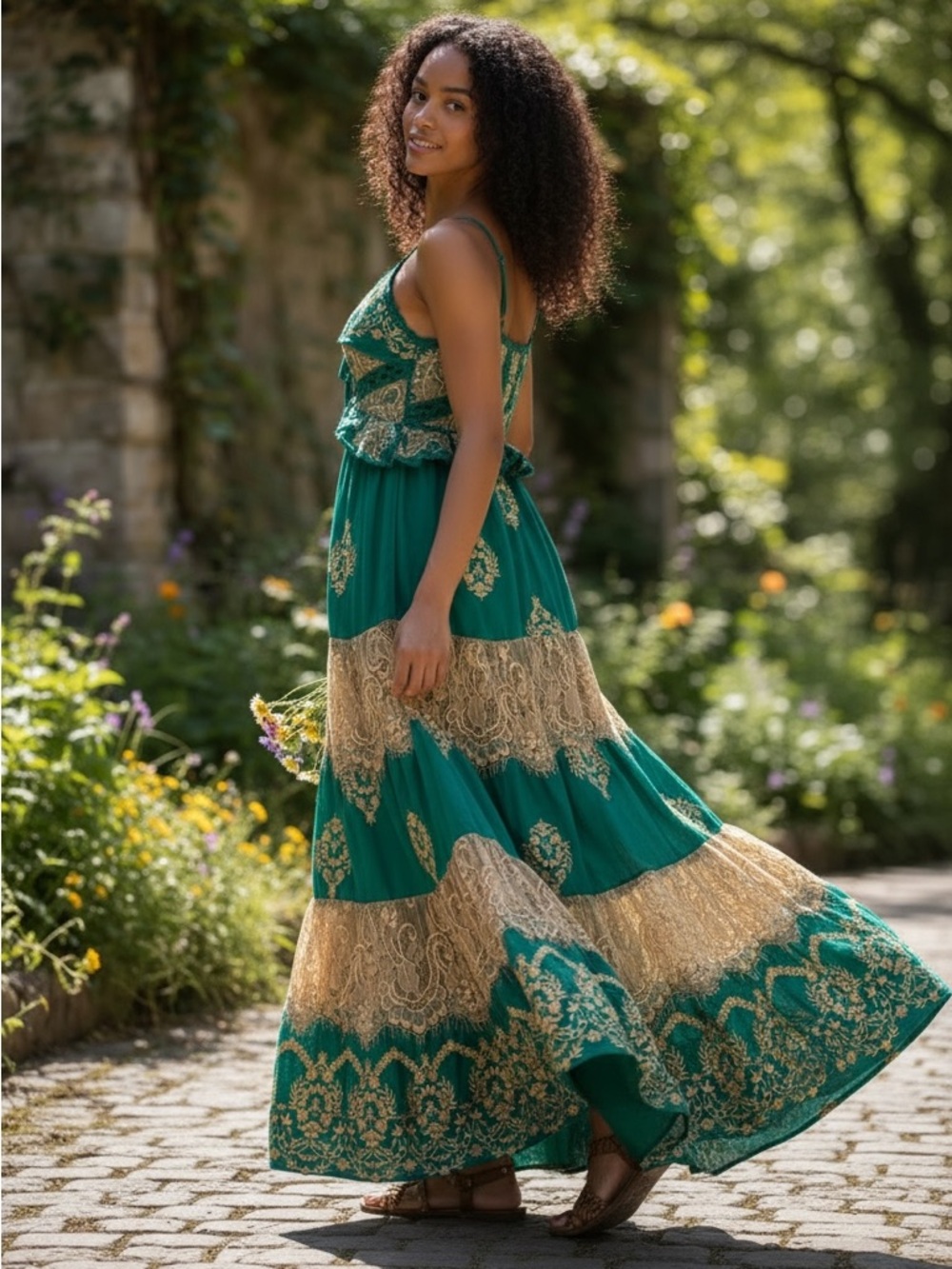 TUART OFFICIAL Turquoise Tiered Embroidered Lace Maxi Dress Bollywood - Picture 2 of 10